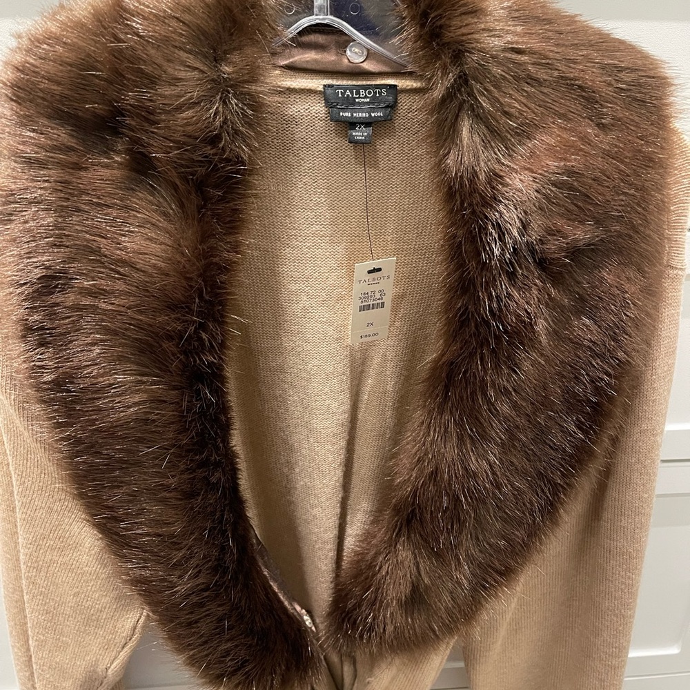 Talbots Tan Cardigan with Faux Fur Collar - Picture 2 of 5